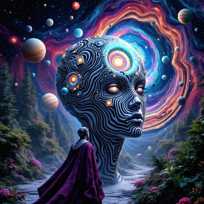 The primary subject of the image is a head with a purple hue, which is part of a larger artistic scene. The setting is a forest with trees and a sky background. The visual style is digital art, and the colors and mood are predominantly purple, creating a surreal and dreamy atmosphere.